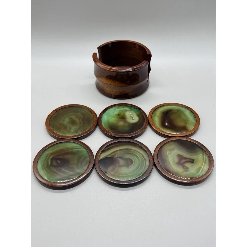 Vintage MCM Green Agate Wood Coaster Set Caddy Novelty Phallic UV Glow 7pc